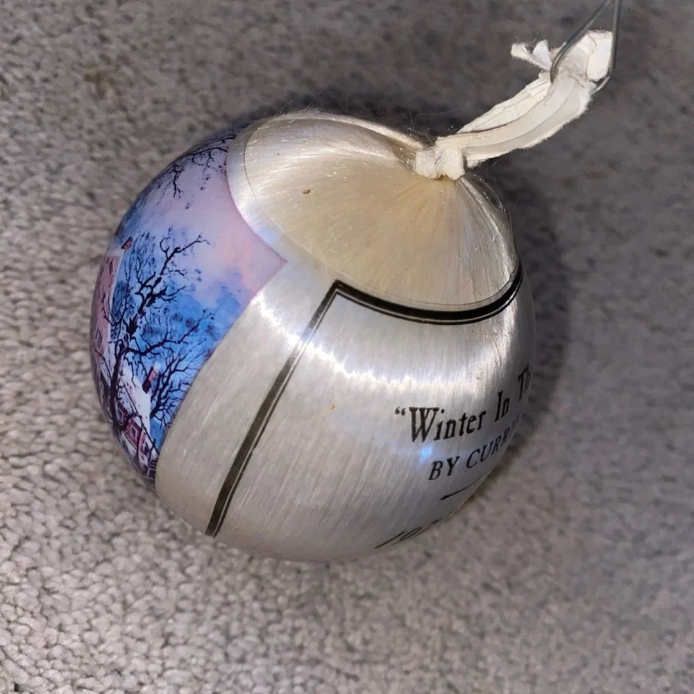 VINTAGE 1975  Christmas SATIN BALL ORNAMENT Winter In The Country Currier & Ives